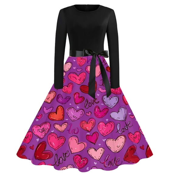 Fgvctg Valentine's Day Dresses for Women Prom Vintage Cocktail Dress 1950s Cute Heart Print Crewneck Dresses Plus Size Romantic Long Sleeve Clothing Soft Outfits Purple Pink M