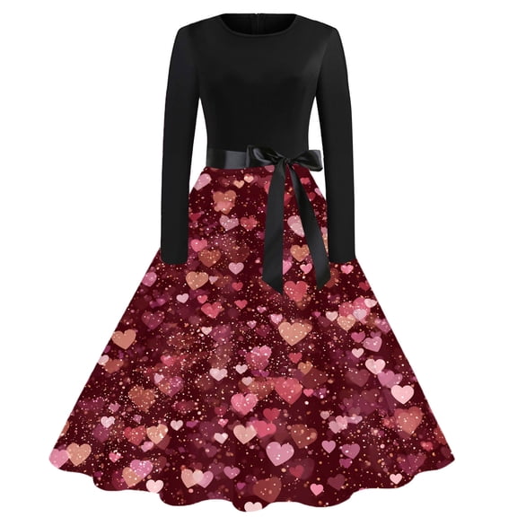 Fgvctg Valentine's Day Dresses for Women Trendy Long Sleeve Vintage Cocktail Dress Plus Size Date Night Dress 1950s Romantic Cute Heart Print Outfit Crewneck Clothes Blue 2XL