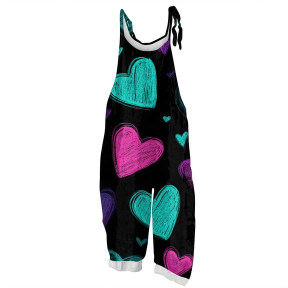 Fgvctg Valentine's Day Dressy Jumpsuits for Women Sleeveless Date Night Spaghetti Straps Overall Comfy Wide Leg Pant Love Heart Print Bib Overalls Romper Sprimg Pant With Pockets Dark Purple 4XL