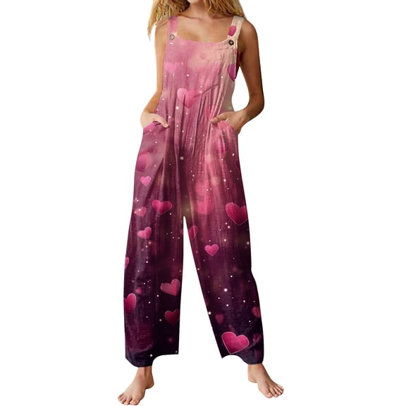 Fgvctg Valentine's Day Formal Jumpsuits for Women Wide Leg Pant Comfy Overall Love Heart Print Sleeveless Spaghetti Straps Jumpsuit Romper Bib Overalls Loose Sprimg Pant With Pockets Purple Pink 5XL