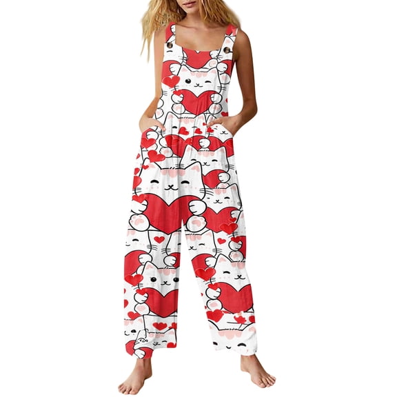 Fgvctg Valentine's Day Jumpsuits for Women Casual Sleeveless Date Night Spaghetti Straps Overall Vintage Wide Leg Pant Love Heart Print Bib Overalls Rompers Sprimg Pant With Pockets Turquoise S
