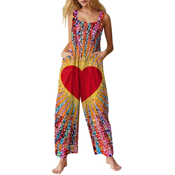 Fgvctg Valentine's Day Jumpsuits for Women Casual Sleeveless Date Night Spaghetti Straps Overall Vintage Wide Leg Pant Love Heart Print Bib Overalls Rompers Sprimg Pants With Pockets Vermilion L