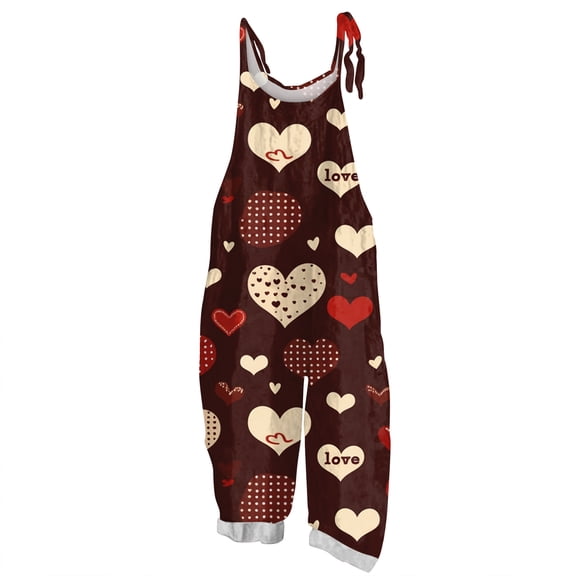 Fgvctg Valentine's Day Jumpsuits for Women Dressy Sleeveless Date Night Spaghetti Straps Overall Casual Wide Leg Pant Love Heart Graphic Bib Overalls Rompers Sprimg Pants With Pockets Wine L