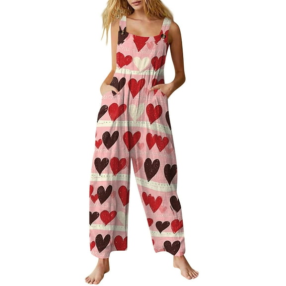 Fgvctg Valentine's Day Jumpsuits for Women Dressy Sleeveless Date Night Spaghetti Straps Overall Comfy Wide Leg Pant Love Heart Print Bib Overalls Romper Sprimg Pant With Pockets Watermelon Red S