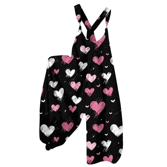 Fgvctg Valentine's Day Jumpsuits for Women Dressy Sleeveless Date Night Spaghetti Straps Overall Trendy Wide Leg Pant Love Heart Print Bib Overalls Rompers Sprimg Pant With Pockets Light pink S