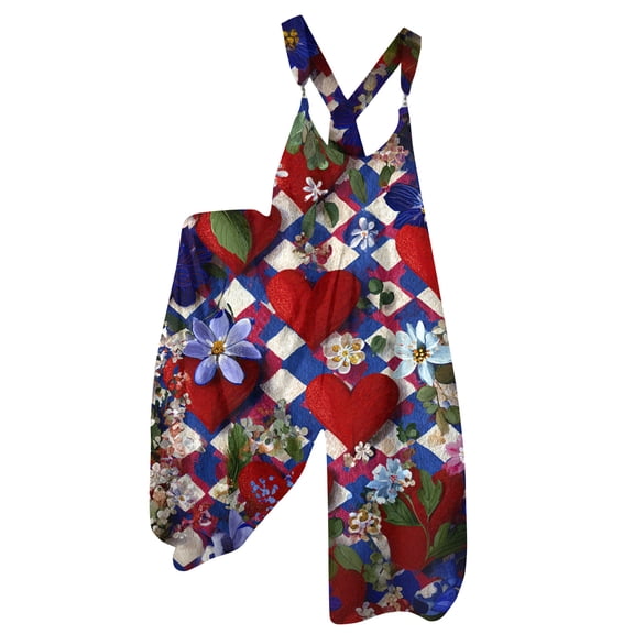 Fgvctg Valentine's Day Jumpsuits for Women Sleeveless Date Night Spaghetti Straps Overall Vintage Wide Leg Pant Love Heart Print Bib Overalls Rompers Sprimg Pant With Pockets Red S