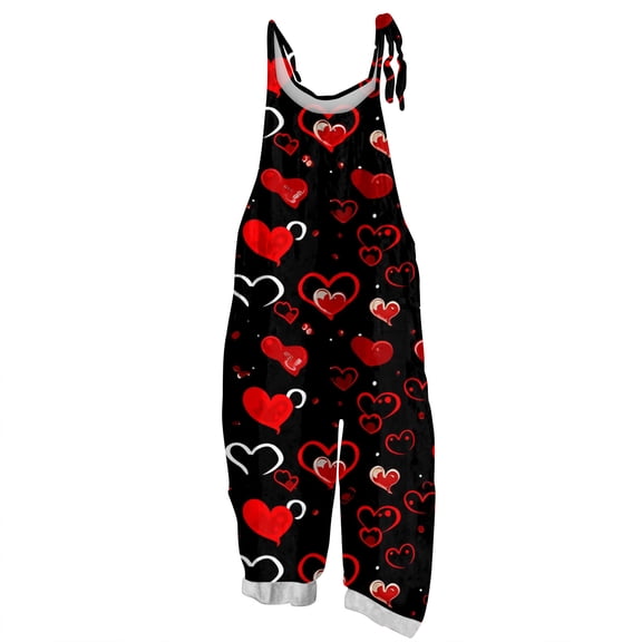 Fgvctg Valentine's Day Jumpsuits for Women Sleeveless Date Night Spaghetti Straps Overalls Comfy Wide Leg Pant Love Heart Print Bib Overalls Rompers Sprimg Pant With Pockets Wine M