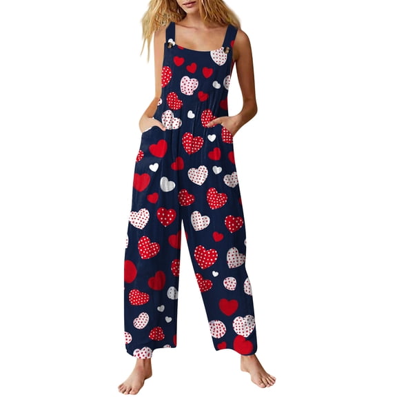 Fgvctg Valentine's Day Jumpsuits for Women Wide Leg Pant Comfy Love Heart Print Overalls Sleeveless Rompers Spaghetti Straps Jumpsuits Loose Bib Overalls Sprimg Clothes With Pockets Multicolor L