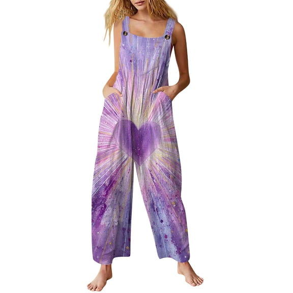 Fgvctg Valentine's Day Jumpsuits for Women Wide Leg Pant Spaghetti Straps Adjustable Love Heart Graphic Jumpsuits Sleeveless Bib Overalls Sprimg Rompers Clothes With Pockets Watermelon Red S