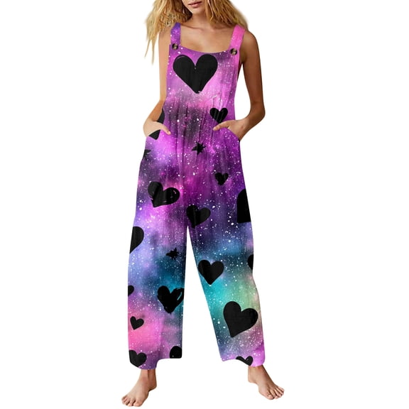 Fgvctg Valentine's Day Jumpsuits for Women Wide Leg Pant Trendy Overalls Love Heart Graphic Sleeveless Spaghetti Straps Jumpsuit Romper Bib Overalls Plus Size Sprimg Pant With Pockets Cyan 2XL