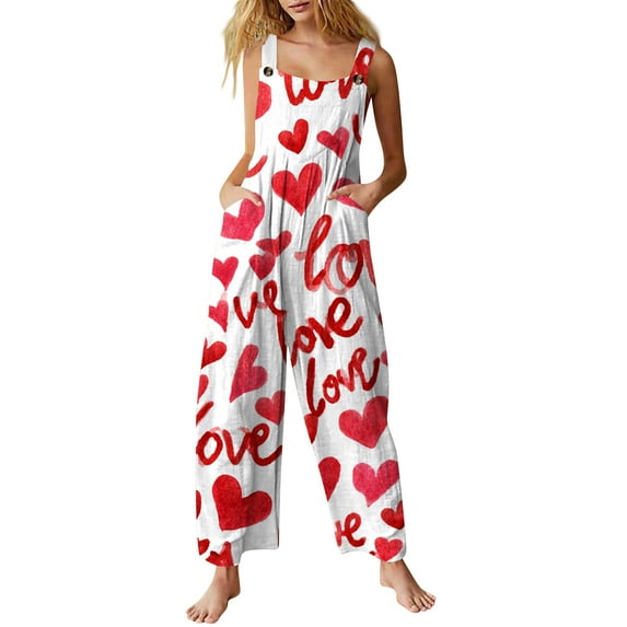 Fgvctg Valentine's Day Jumpsuits for Women Wide Leg Pant Vintage Overalls Love Heart Print Sleeveless Spaghetti Straps Jumpsuit Romper Bib Overalls Loose Sprimg Pants With Pockets Multicolor M