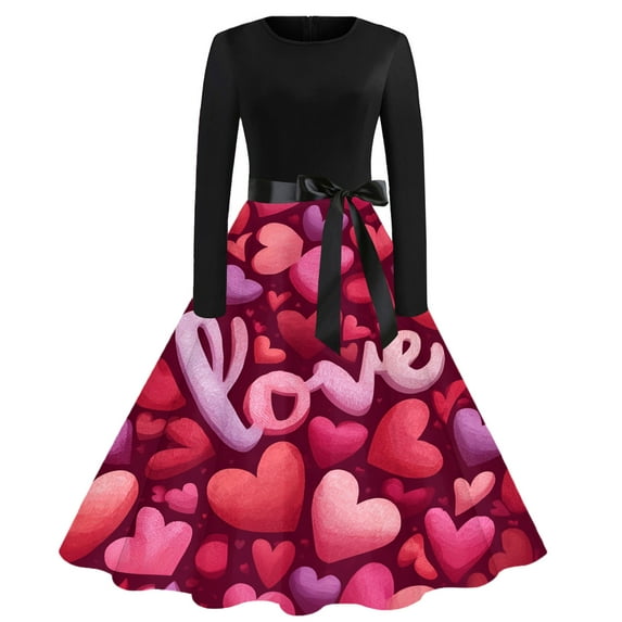 Fgvctg Valentine's Day a Line Dresses for Women Romantic Crewneck Vintage Cocktail Dress Cute Heart Graphic Fit 1950s Dresses Long Sleeve Formal Dressy Outfit Wine L