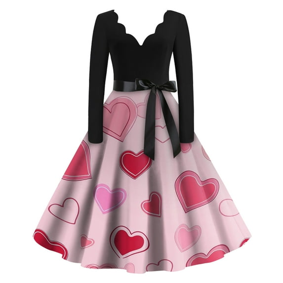 Fgvctg Valentine's Day a Line Dresses for Women Romantic V Neck Vintage Cocktail Dress Cute Heart Print Soft 50s Tea Dress Long Sleeve A-Line Dressy Clothes Pink M