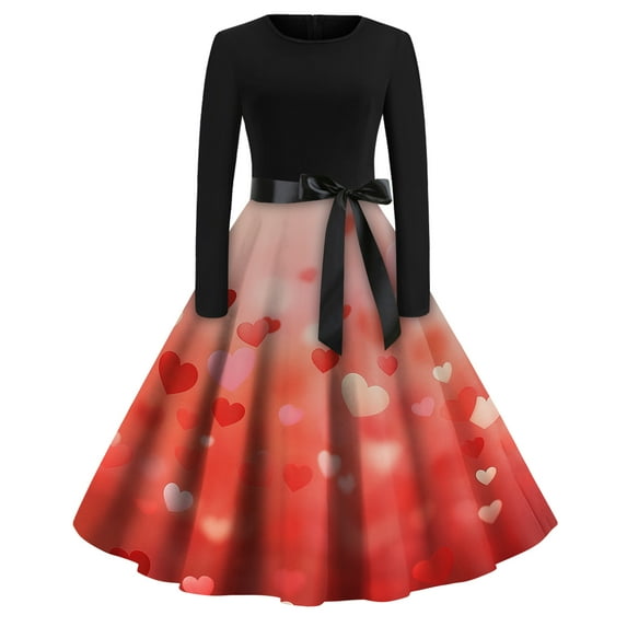 Fgvctg Valentine's Day a Line Dresses for Women Soft Long Sleeve Vintage Cocktail Dresses Plus Size Dinner 50's Dress Elegant Love Heart Graphic Outfits Crewneck Clothing Watermelon Red M