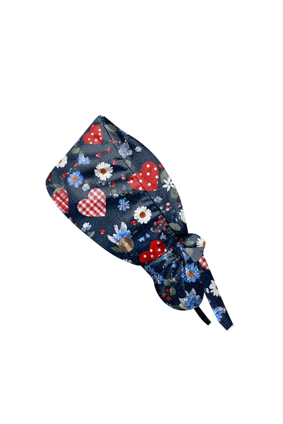Valentine’s Day Love Heart Scrub Cap Bouffant Style Adjustable Tie Back for Women Long Hair Soft Head Cover for Work and Casual Wear Royal Blue