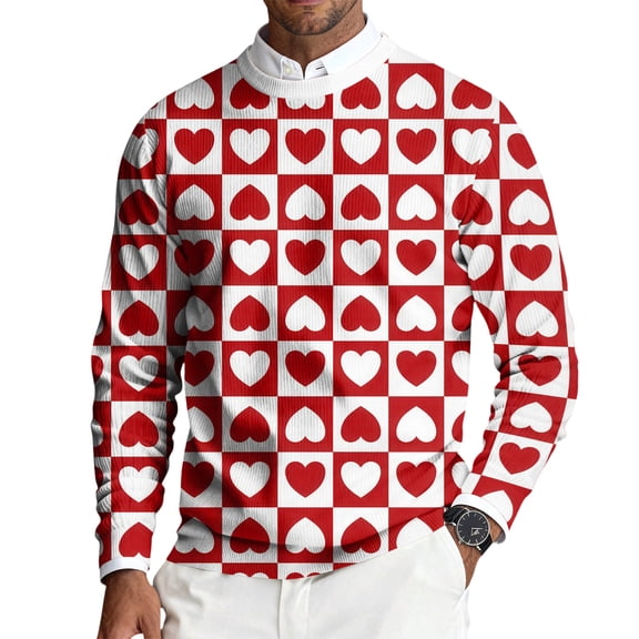 Fgvctg Valentine's Day Men Sweater Crewneck Ribbed Knit Sweaters Love Heart Print Casual Slim Fit Long Sleeve Pullover Sweater Spring Oversized Clothes Watermelon Red 2XL