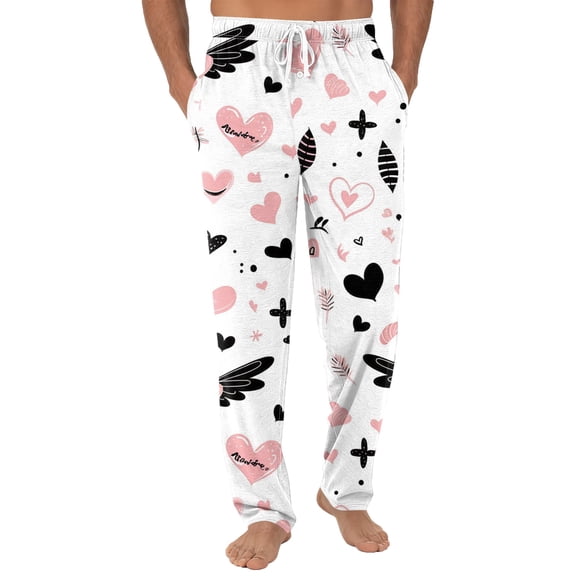 Fgvctg Valentine's Day Men's Pajamas Romantic Sleepwear Wide Leg Pajama Love Heart Graphic High Waisted Pjs Pants Stretch Spring Fall Drawstring Lounge Pants with Pockets Purple Pink L