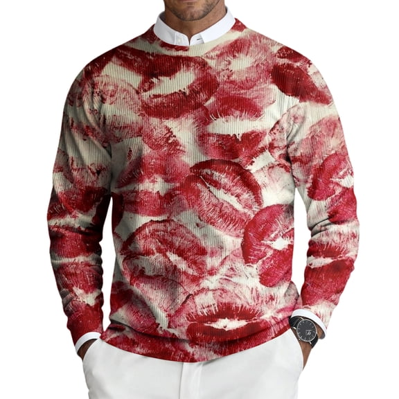 Fgvctg Valentine's Day Men's Ribbed Sweater Knit Crewneck Sweaters Love Heart Print Fashion Pullover Slim Fit Long Sleeve Sweater Oversized Spring Blouse Pink XL