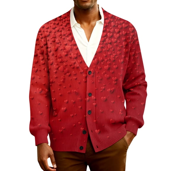 Fgvctg Valentine's Day Men's Sweaters Ribbed Knit Romantic Love Heart Print Sweater Long Sleeve Casual Coat Sweet Button Up Open Spring Clothes Deep Red S