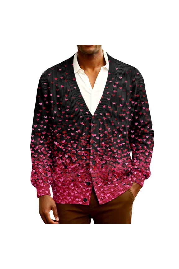 Valentine's Day Men's Sweaters Ribbed Knit Romantic Love Heart Print Sweater Long Sleeve Casual Coats Sweet Button Up Cardigan Sweaters Soft Spring Clothing Hot Pink L