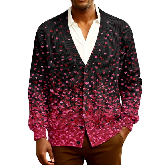 Fgvctg Valentine's Day Men's Sweaters Ribbed Knit Romantic Love Heart Print Sweater Long Sleeve Casual Coats Sweet Button Up Cardigan Sweaters Soft Spring Clothing Hot Pink L