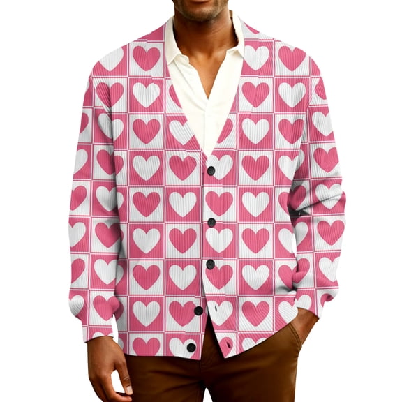 Fgvctg Valentine's Day Men's Sweaters Vintage Ribbed Knit Romantic Sweaters Casual Long Sleeve Coat Love Heart Print Spring Button Down Sweater Plus Size Outfit White S