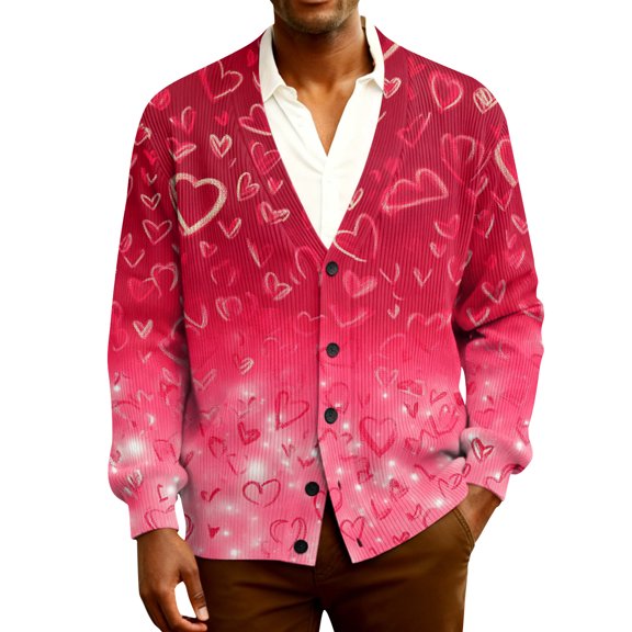 Fgvctg Valentine's Day Mens Cardigan Ribbed Knit Romantic Love Heart Print Sweaters Long Sleeve Casual Coat Sweet Button Down Sweater Soft Spring Clothes Wine L