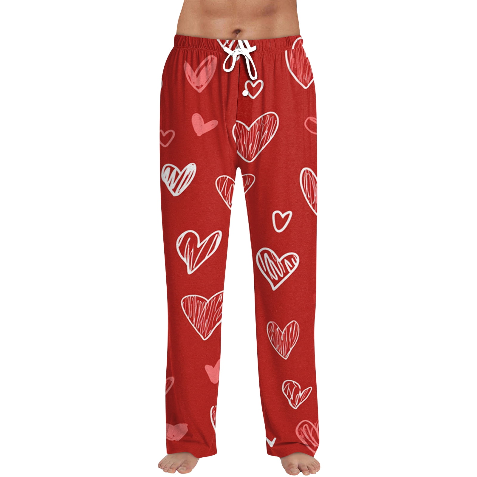 Valentine's Day Mens Pajamas Comfy Sleepwear Wide Leg Pajama Heart Print High Waisted Pjs Pant Loose Spring Drawstring Lounge Pants with Pockets Pink XL
