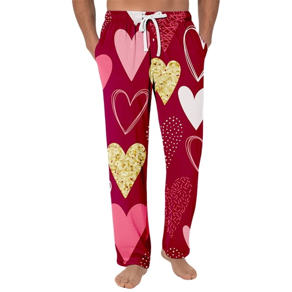 Fgvctg Valentine's Day Mens Pajamas Lightweight Wide Leg Sleepwear Pajama Pants Soft Love Heart Graphic High Waisted Pjs Spring Drawstring Lounge Pants with Pockets Red L