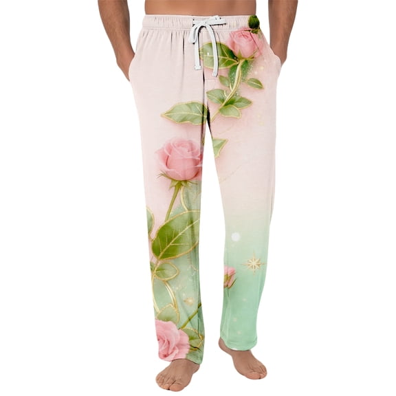 Fgvctg Valentine's Day Mens Pajamas Loose Wide Leg Sleepwear Pajamas Pant Casual Love Heart Print High Waisted Pj Spring Fall Drawstring Lounge Pants with Pockets Beige S