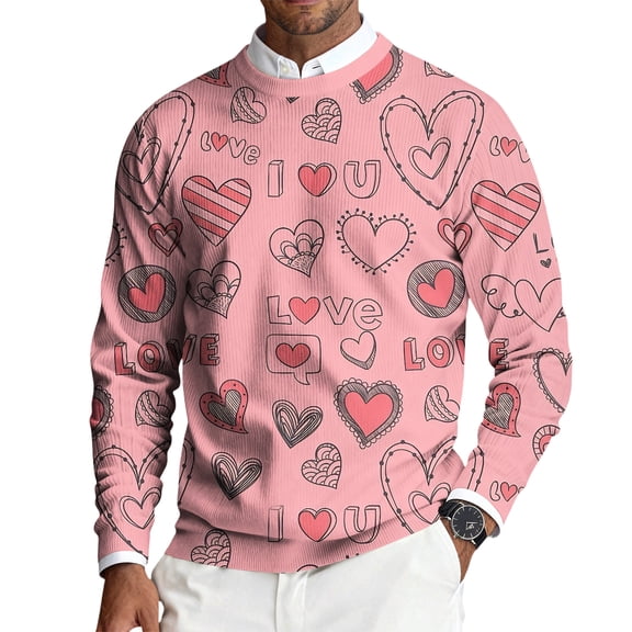 Fgvctg Valentine's Day Mens Sweater Crewneck Ribbed Knit Sweater Love Heart Print Fashion Slim Fit Long Sleeve Pullover Sweaters Spring Loose Clothes Pink M