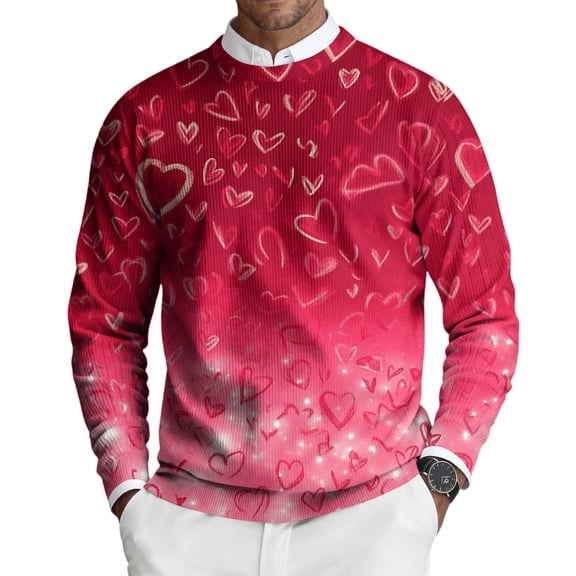 Fgvctg Valentine's Day Mens Sweater Crewneck Ribbed Knit Sweater Love Heart Print Romantic Slim Fit Long Sleeve Pullover Sweaters Spring Oversized Blouse Hot Pink XL