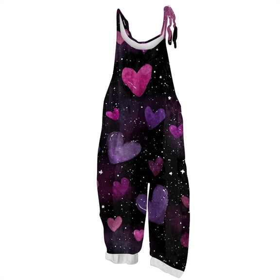 Fgvctg Valentine's Day Overalls for Women Sleeveless Date Night Spaghetti Straps Overall Casual Wide Leg Pant Love Heart Print Bib Overalls Romper Sprimg Pants With Pockets Purple 4XL