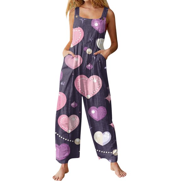 Fgvctg Valentine's Day Overalls for Women Sleeveless Date Night Spaghetti Straps Overall Trendy Wide Leg Pant Love Heart Print Bib Overalls Rompers Sprimg Pants With Pockets Purple 4XL