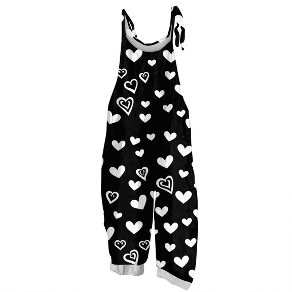 Fgvctg Valentine's Day Overalls for Women Sleeveless Date Night Spaghetti Straps Overalls Festival Wide Leg Pant Love Heart Print Bib Overalls Romper Sprimg Pant With Pockets Black 5XL