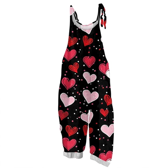 Fgvctg Valentine's Day Overalls for Women Sleeveless Date Night Spaghetti Straps Overalls Romantic Wide Leg Pant Love Heart Print Bib Overalls Rompers Sprimg Pant With Pockets Black S