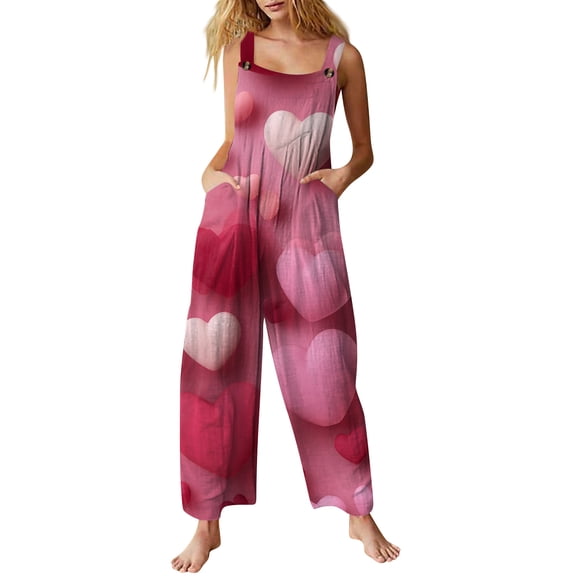 Fgvctg Valentine's Day Overalls for Women Wide Leg Pant Comfy Overall Love Heart Print Sleeveless Spaghetti Straps Jumpsuits Romper Bib Overalls Oversized Sprimg Pant With Pockets White 3XL