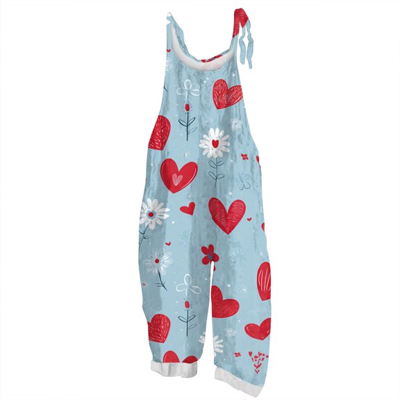 Fgvctg Valentine's Day Overalls for Women Wide Leg Pant Date Night Spaghetti Straps Romantic Love Heart Print Jumpsuit Sleeveless Bib Overalls Sprimg Rompers Clothing With Pockets Sky Blue S