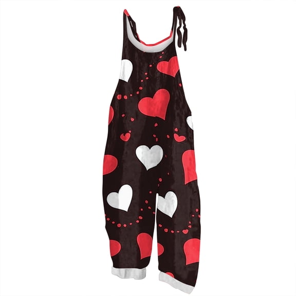 Fgvctg Valentine's Day Overalls for Women Wide Leg Pant Vintage Love Heart Print Overall Sleeveless Romper Spaghetti Straps Jumpsuit LooseBib Overalls Sprimg Clothes With Pockets Watermelon Red S