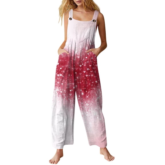 Fgvctg Valentine's Day Overalls for Women Wide Leg Pant Vintage Overalls Love Heart Print Sleeveless Spaghetti Straps Jumpsuits Romper Bib Overalls Oversized Sprimg Pant With Pockets Wine S
