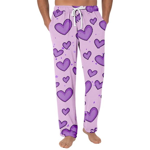 Fgvctg Valentine's Day Pajama Pants for Men Comfy Sleepwear Wide Leg Pajamas Love Heart Graphic High Waisted Pjs Pants Plus Size Spring Drawstring Lounge Pants with Pockets Purple L