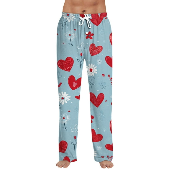 Fgvctg Valentine's Day Pajama Pants for Men Cute Sleepwear Wide Leg Pajama Heart Graphic High Waisted Pjs Pants Loose Spring Fall Drawstring Lounge Pants with Pockets Purple Pink 2XL