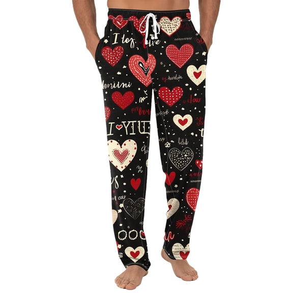 Fgvctg Valentine's Day Pajama Pants Mens Fashion Sleepwear Wide Leg Pajama Love Heart Graphic High Waisted Pj Pant Oversized Spring Fall Drawstring Lounge Pants with Pockets Black L
