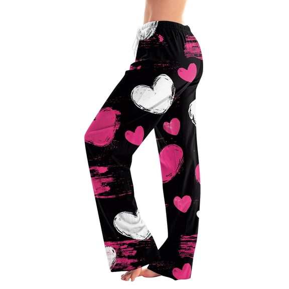 Fgvctg Valentine's Day Pajama Pants for Women Oversized Wide Leg Sleepwear Pajama Pants Comfy Heart Graphic High Waisted Pj Fall Spring Drawstring Lounge Pants with Pockets Black S
