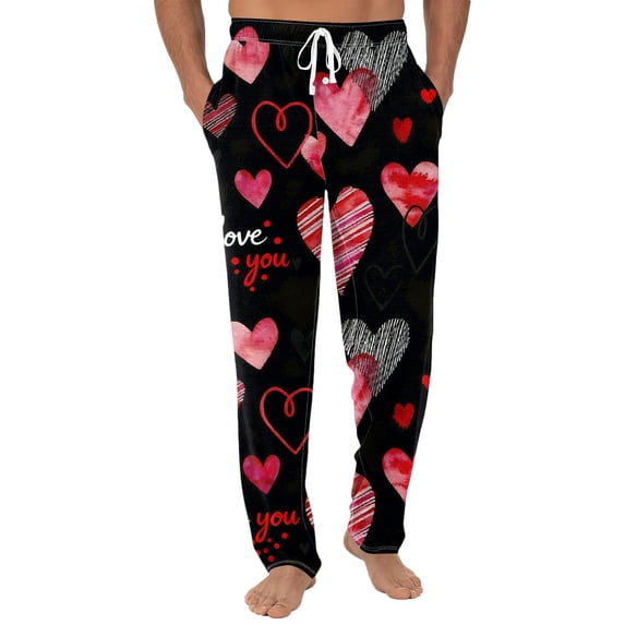 Fgvctg Valentine's Day Pajamas for Men Lover Sleepwear Wide Leg Pajamas Love Heart Print High Waisted Pj Pants Oversized Spring Fall Drawstring Lounge Pants with Pockets Black 2XL