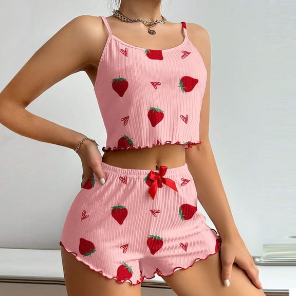 Fgvctg Valentine's Day Pajamas for Women Set Two Piece Loungewear Pjs Sleeveless Romantic Lounge Set Cute Love Heart Print Date Night Lounge Set With Shorts Nightwear Cami Pajama Red S