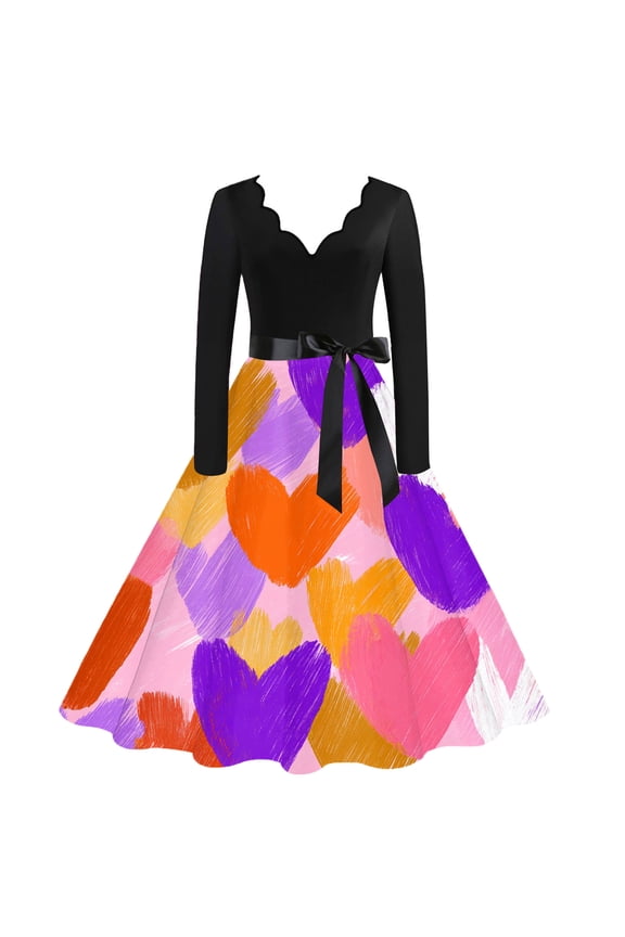 Valentine's Day Party Dresses for Women Cute Heart Graphic Cocktail Dresses Vintage V Neck 50's Dress Long Sleeve Dressy Romantic Date Night Outfits Hot Pink S