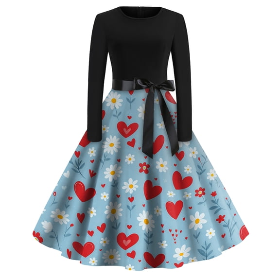 Fgvctg Valentine's Day Party Dresses for Women Romantic Crewneck Vintage Cocktail Dress Love Heart Print Trendy 50's Dress Long Sleeve Plus Size Dressy Clothing Sky Blue 3XL