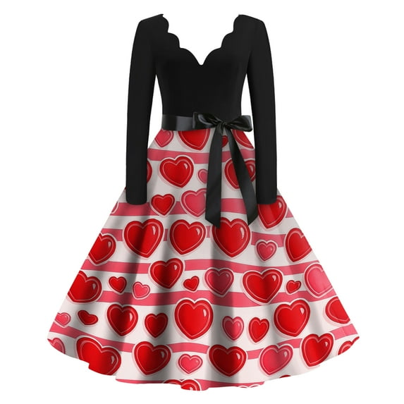 Fgvctg Valentine's Day Party Dresses for Women Romantic V Neck Vintage Cocktail Dress Cute Heart Print Soft 50's Dress Date Night Long Sleeve Oversized Dressy Outfits Red S