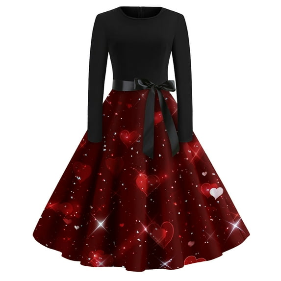 Fgvctg Valentine's Day Party Dresses for Women Soft Long Sleeve Vintage Cocktail Dresses Formal Dress 1950s Romantic Cute Heart Print Date Night Outfit Crewneck Clothing Wine M